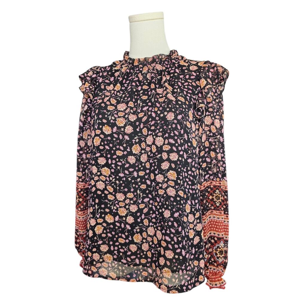 RACHEL ZOE Black Ground Chiffon Floral Border Back Key-Hole Prt